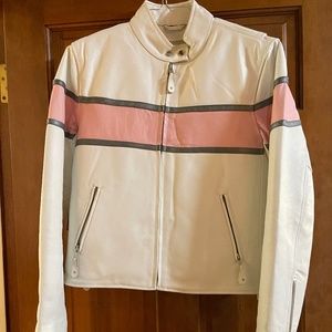 White and Pink Leather Motorcycle Jacket